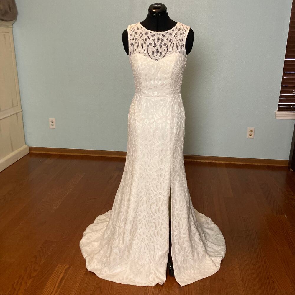 2 4 S After 6 Bride Ivory lace sleeveless split train high neck mermaid fitted